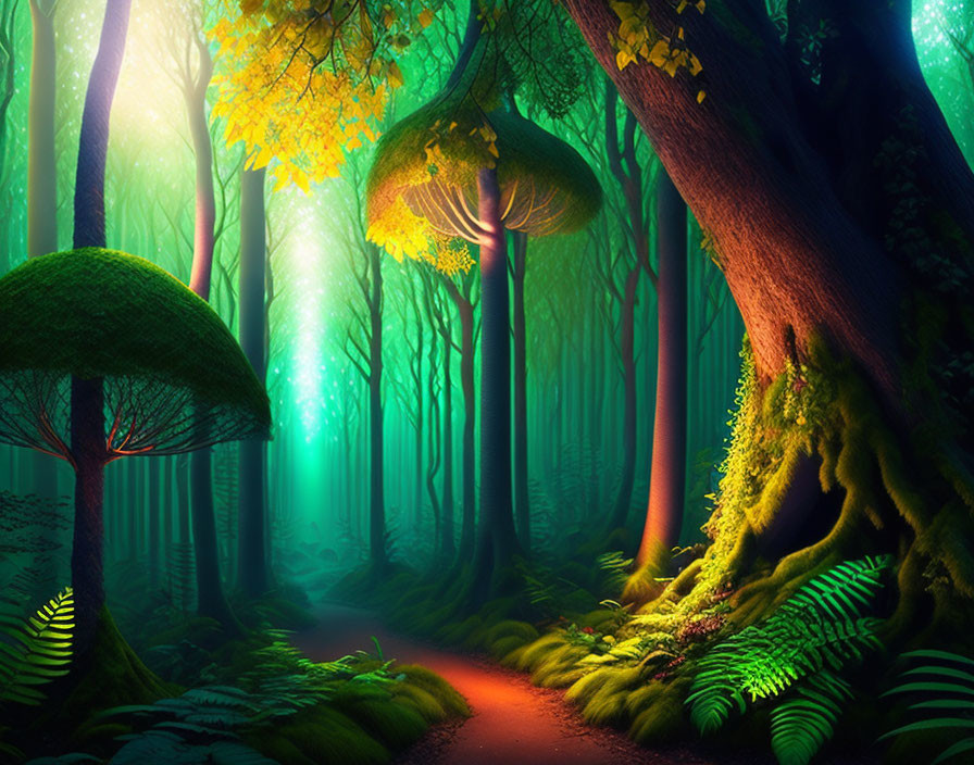 Enchanted forest with oversized mushrooms and neon glow