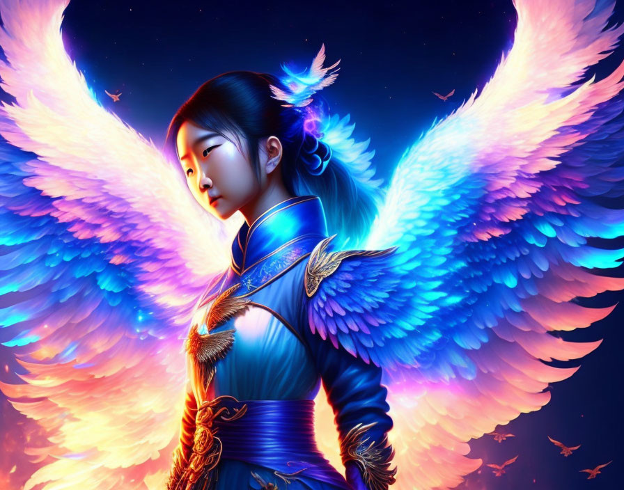 Digital artwork: Woman with vibrant blue angel wings and blue-gold outfit on dark background