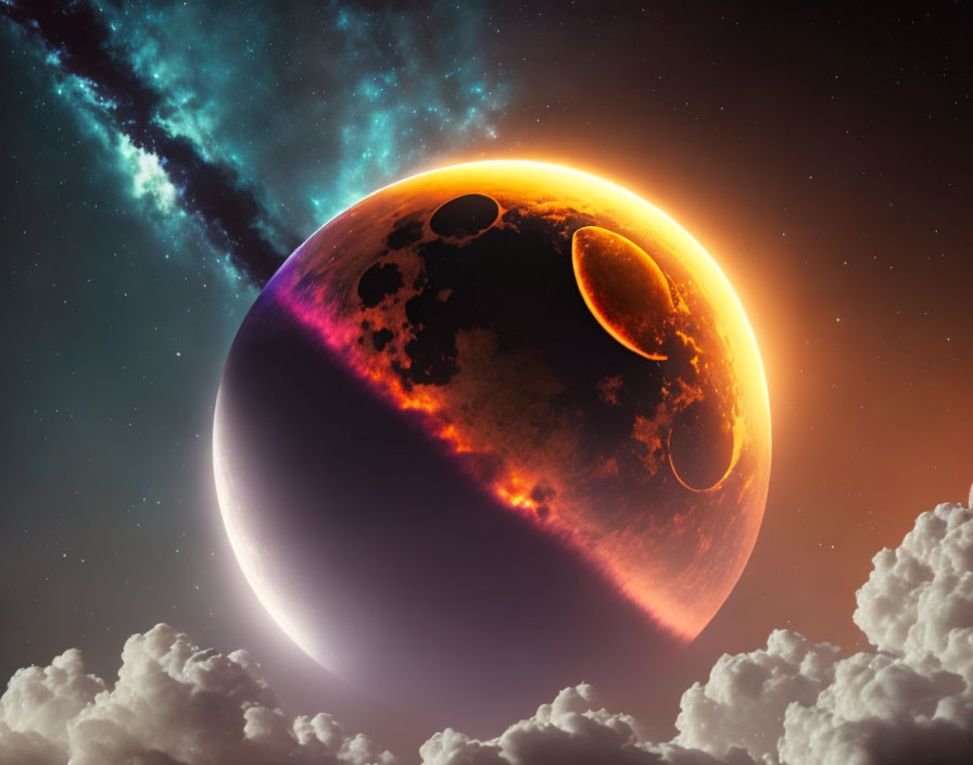 Illustration of glowing planet in cosmic sky