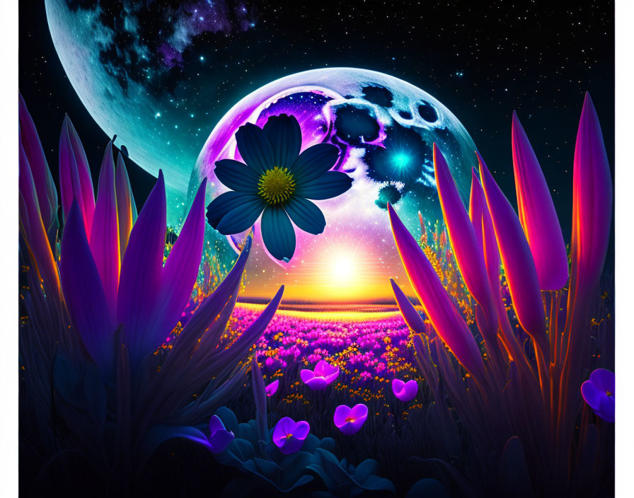 Colorful digital artwork: Large moon with floral pattern over vibrant meadow under starry sky