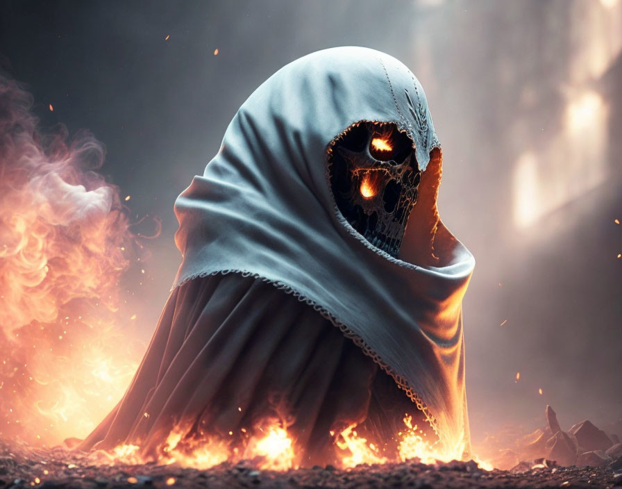 Menacing figure with glowing skull-like face in tattered cloak amid smoke.