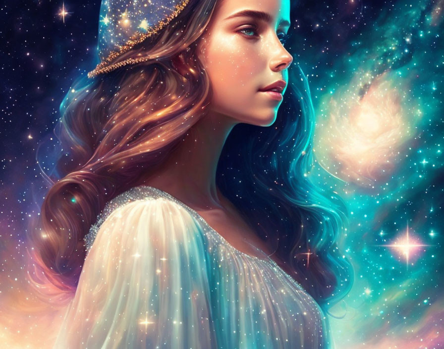 Digital artwork: Woman with wavy hair and starry crown in cosmic setting.