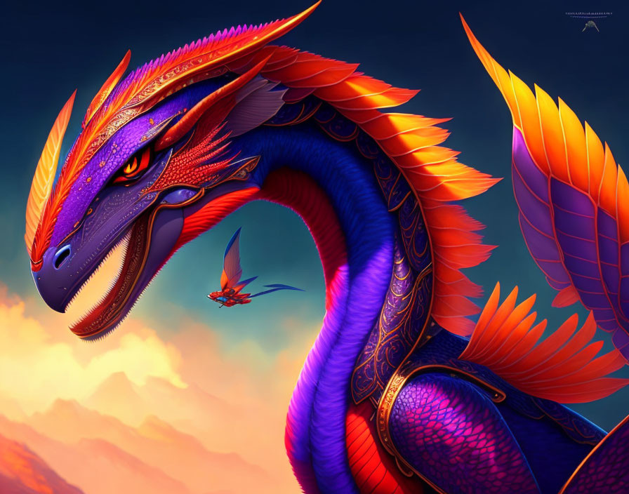 Colorful Blue and Orange Dragon with Red Companion in Warm Sky