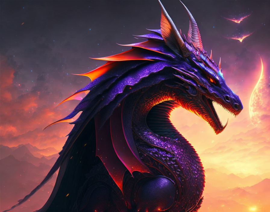 Majestic purple dragon with glowing red scales in fiery sky and mountains