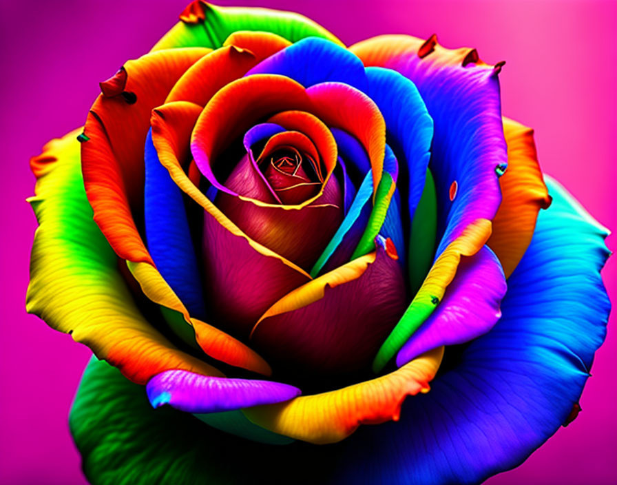 Vibrantly colored rainbow rose on purple-pink background