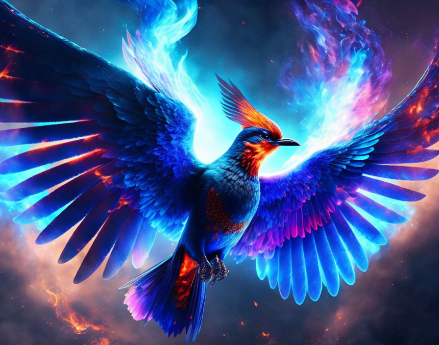 Colorful Phoenix Artwork with Fiery Wings in Cosmic Setting