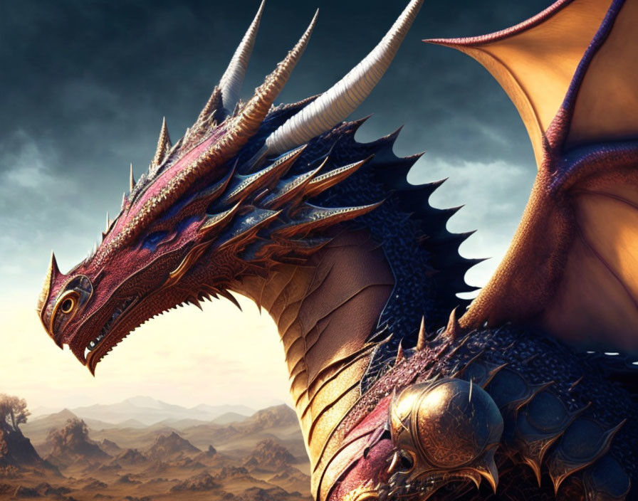 Crimson-scaled dragon in mountainous landscape