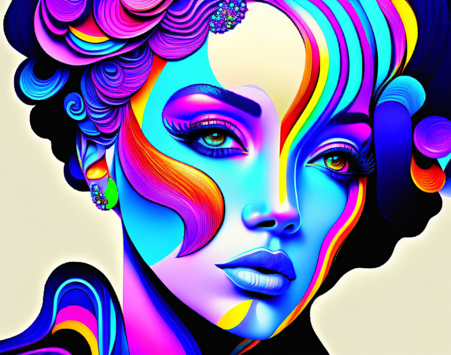 Vibrant digital artwork: woman's face with colorful, surreal hair patterns