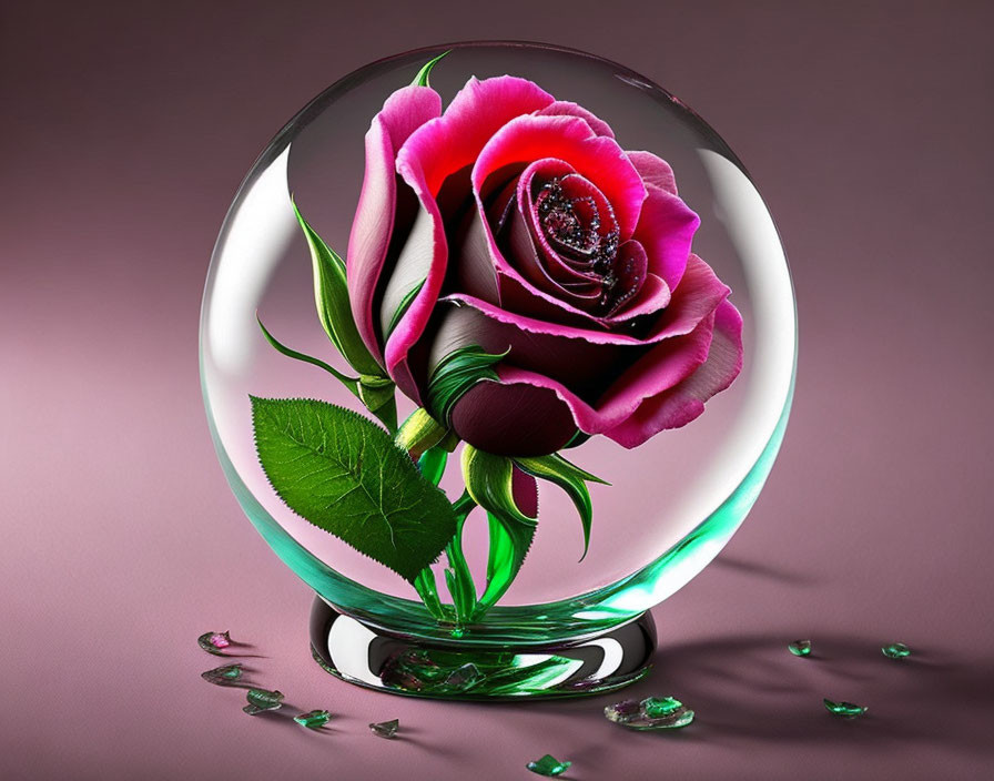 Pink rose with droplet in transparent sphere on reflective base against purple backdrop