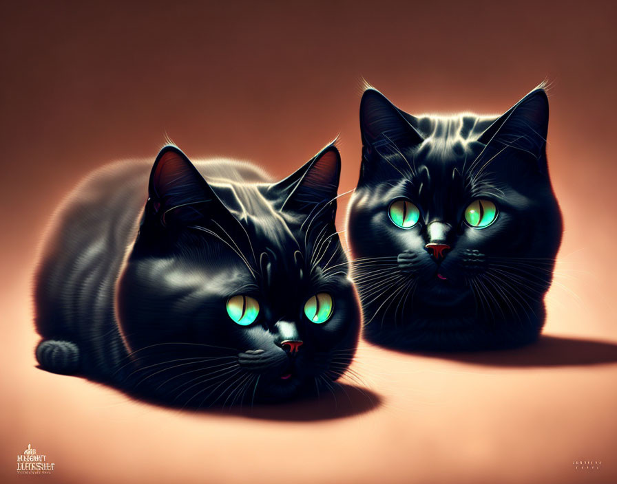 Stylized black cats with turquoise eyes on dark background