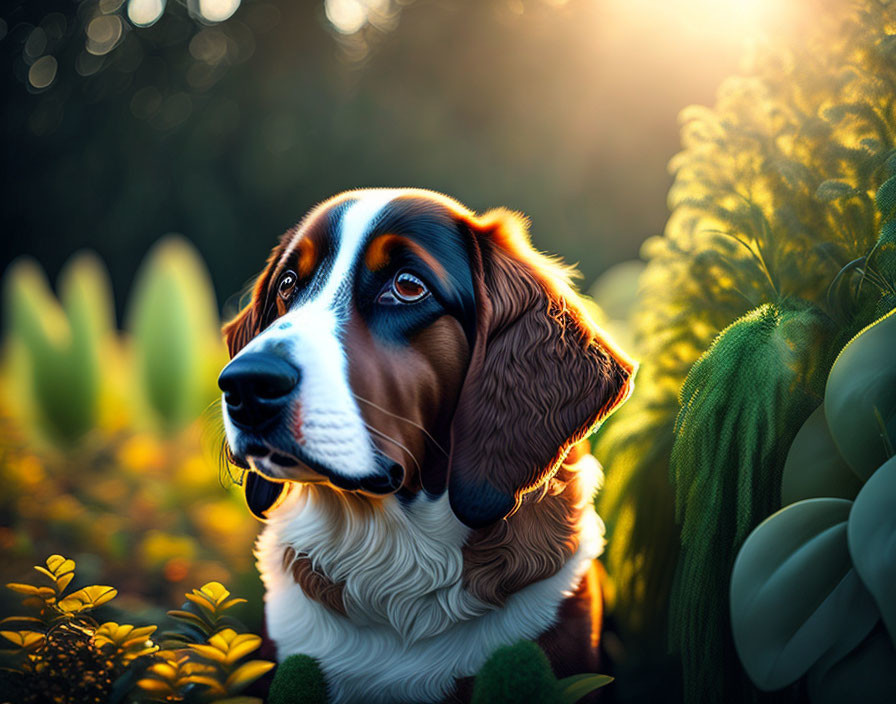 Tricolor dog with glossy coat in serene nature setting