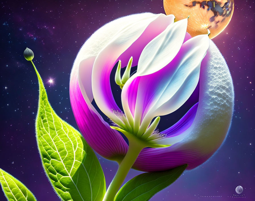 Surreal illustration of blooming flower in cosmic setting