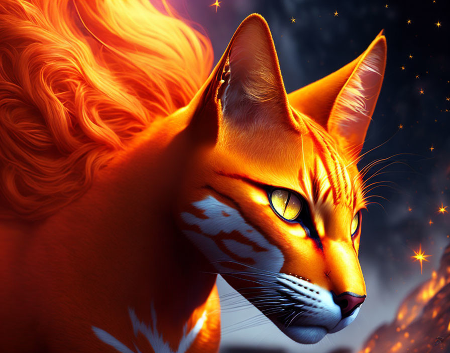 Vibrant digital artwork: Fiery cat with glowing eyes on starry night sky.