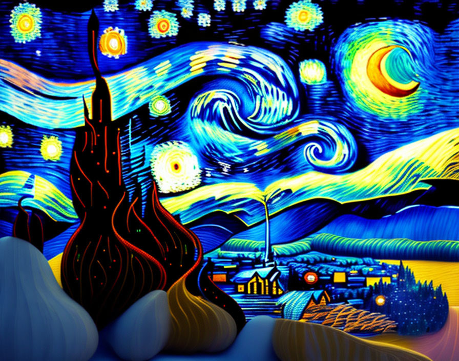 Starry night sky with crescent moon and village in vibrant, stylized image