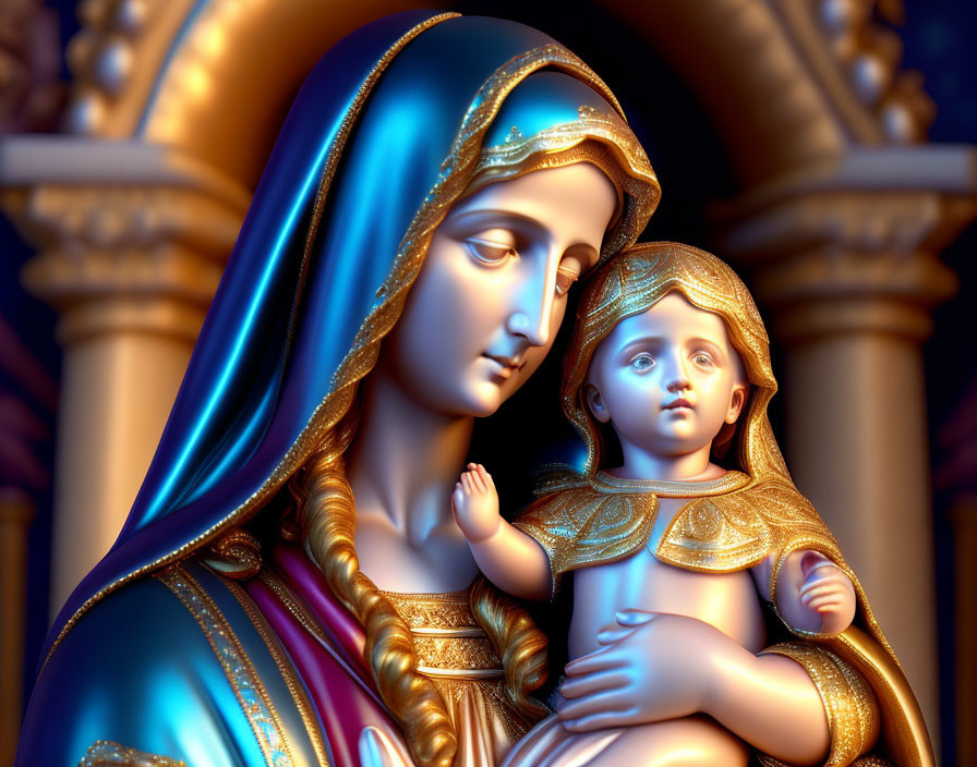 Religious 3D illustration of Virgin Mary and baby Jesus in blue and gold hues