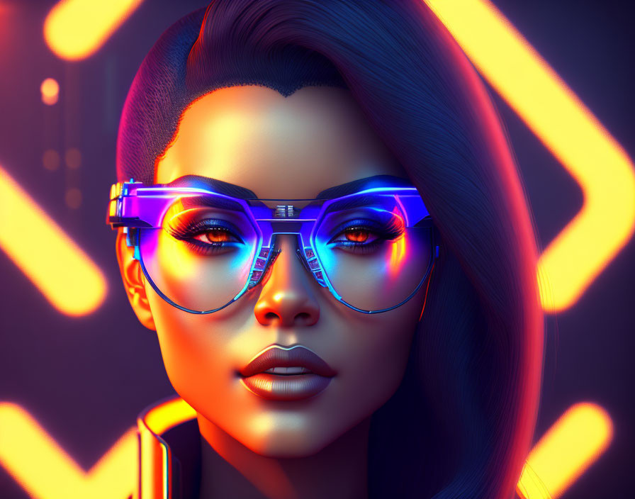 Vibrant 3D illustration of woman with neon glasses and sleek hair