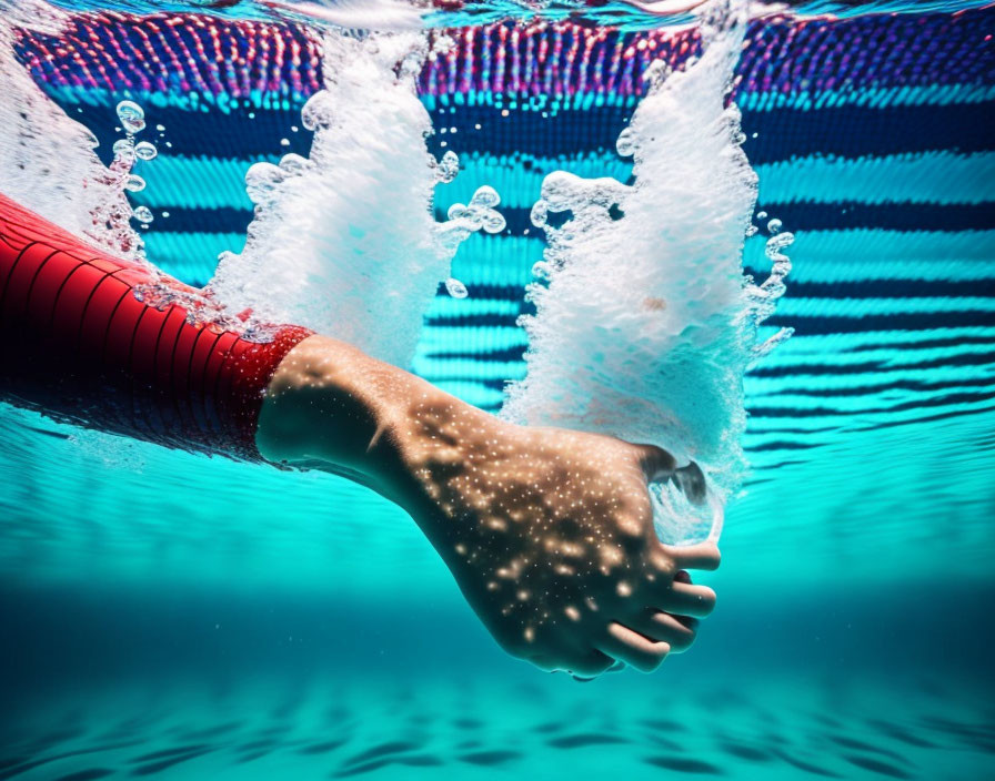 Swimmer's arm stroke creates bubbles in pool with underwater view of lane ropes and light play