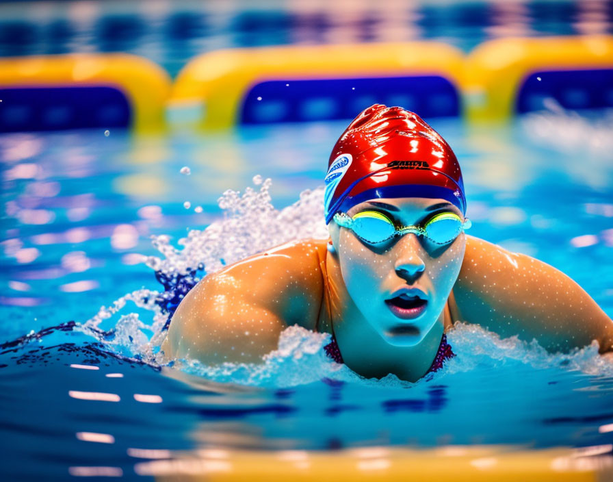 Swimmer with goggles and cap in pool with lane dividers