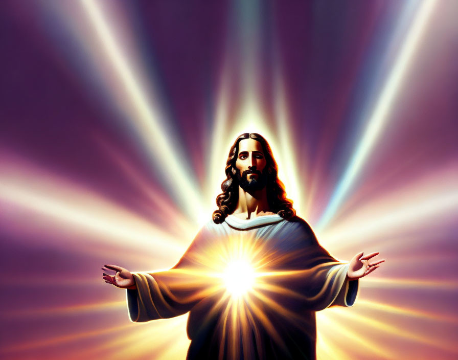 Illustration of Jesus Christ with open arms and radiant light against divine backdrop