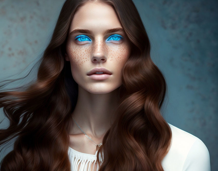 Portrait of a woman with blue eyes, freckles, and wavy brown hair on blue backdrop