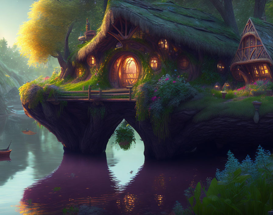 Mystical treehouse over serene waters at dusk