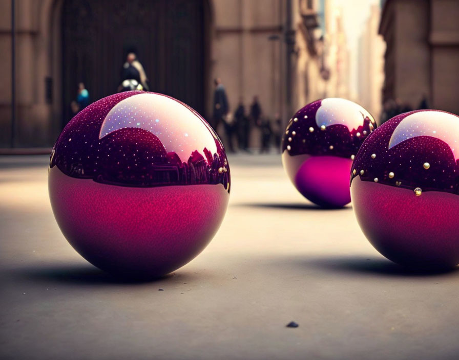 Three Shiny Purple Spheres with Stars on Paved Surface