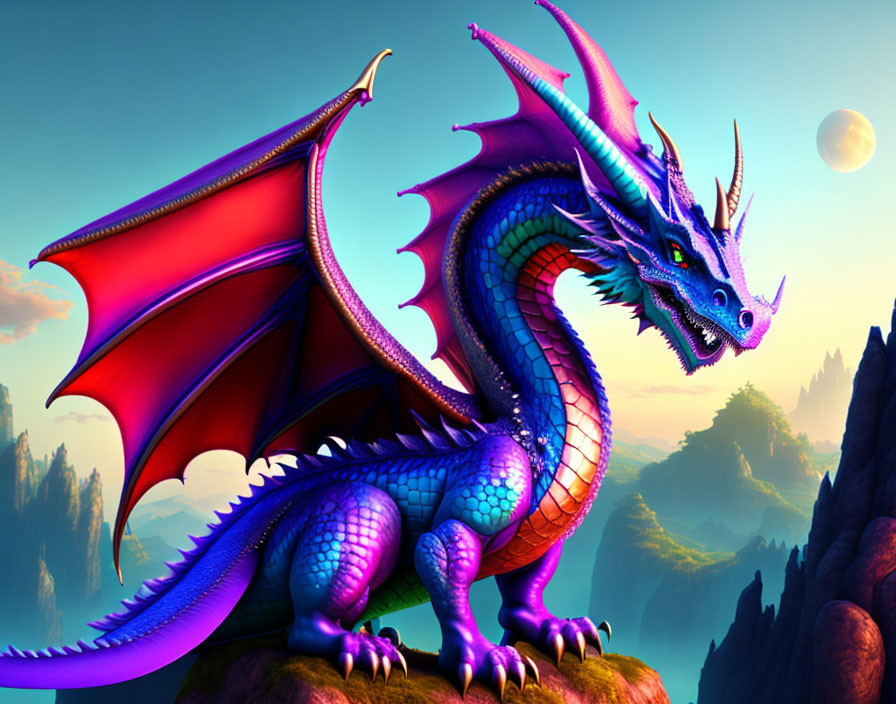 Majestic blue and purple dragon with red wings on rocky outcrop in fantasy landscape