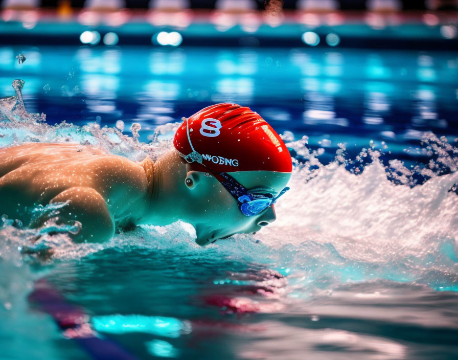 Swimmer in red cap and goggles doing freestyle stroke in pool