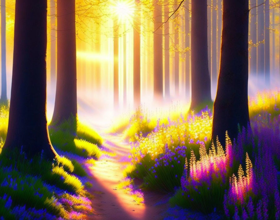 Tranquil forest path with vibrant wildflowers under golden sunrise