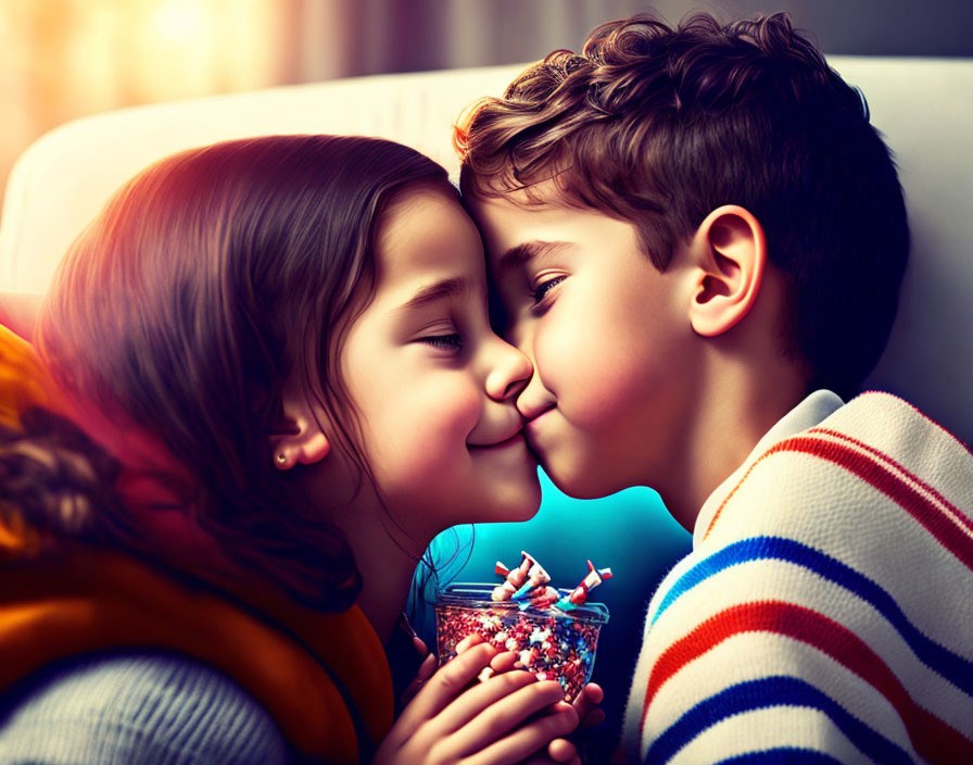 Children sharing milkshake with straws on couch, noses touching warmly