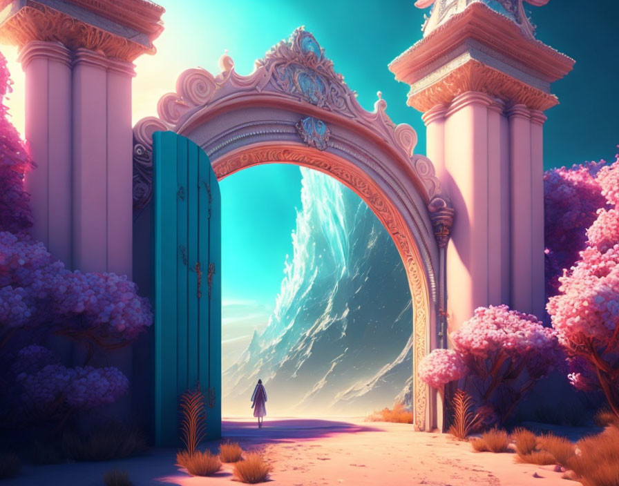 Person at ornate gate with pink trees and crystal structure in surreal landscape