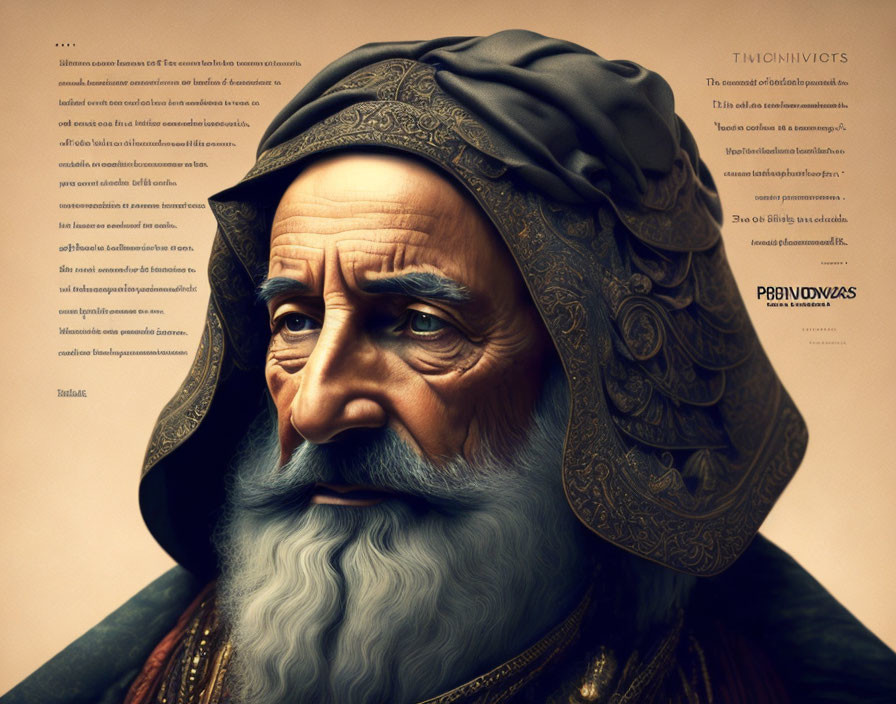 Renaissance-style illustration of contemplative elderly man with elaborate headwear