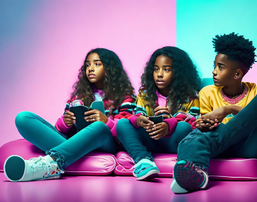 Three Children Sitting on Pink Couch Against Purple Background