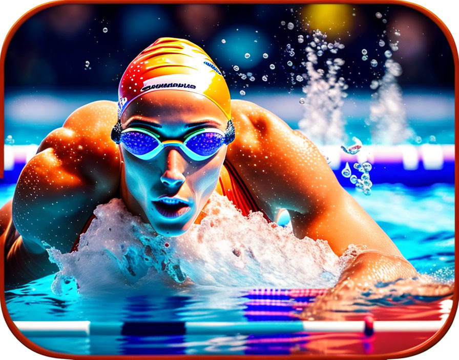 Swimmer with goggles and cap energetically swimming in pool