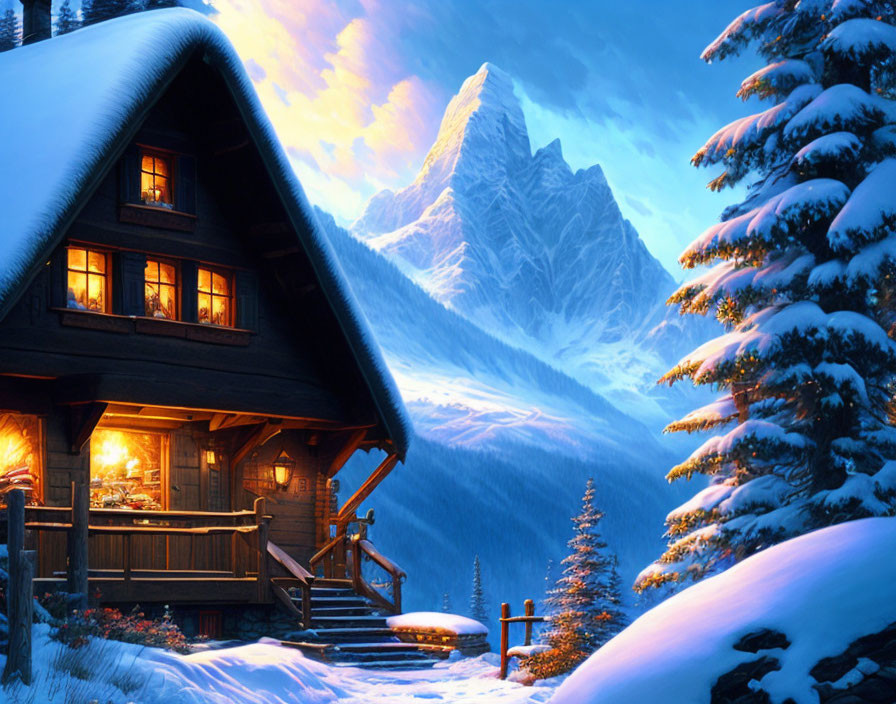 Snow-covered trees surround cozy cabin with lit windows, mountain in twilight.