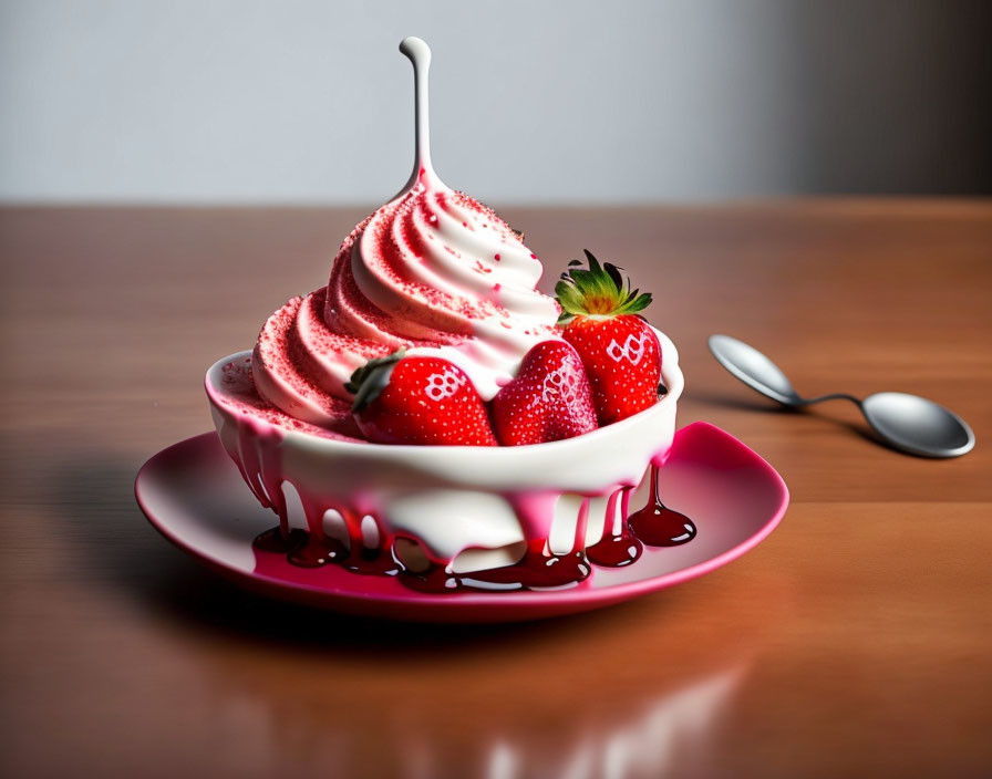 Pink Cream Swirl Dessert with Fresh Strawberries and Syrup Drizzle