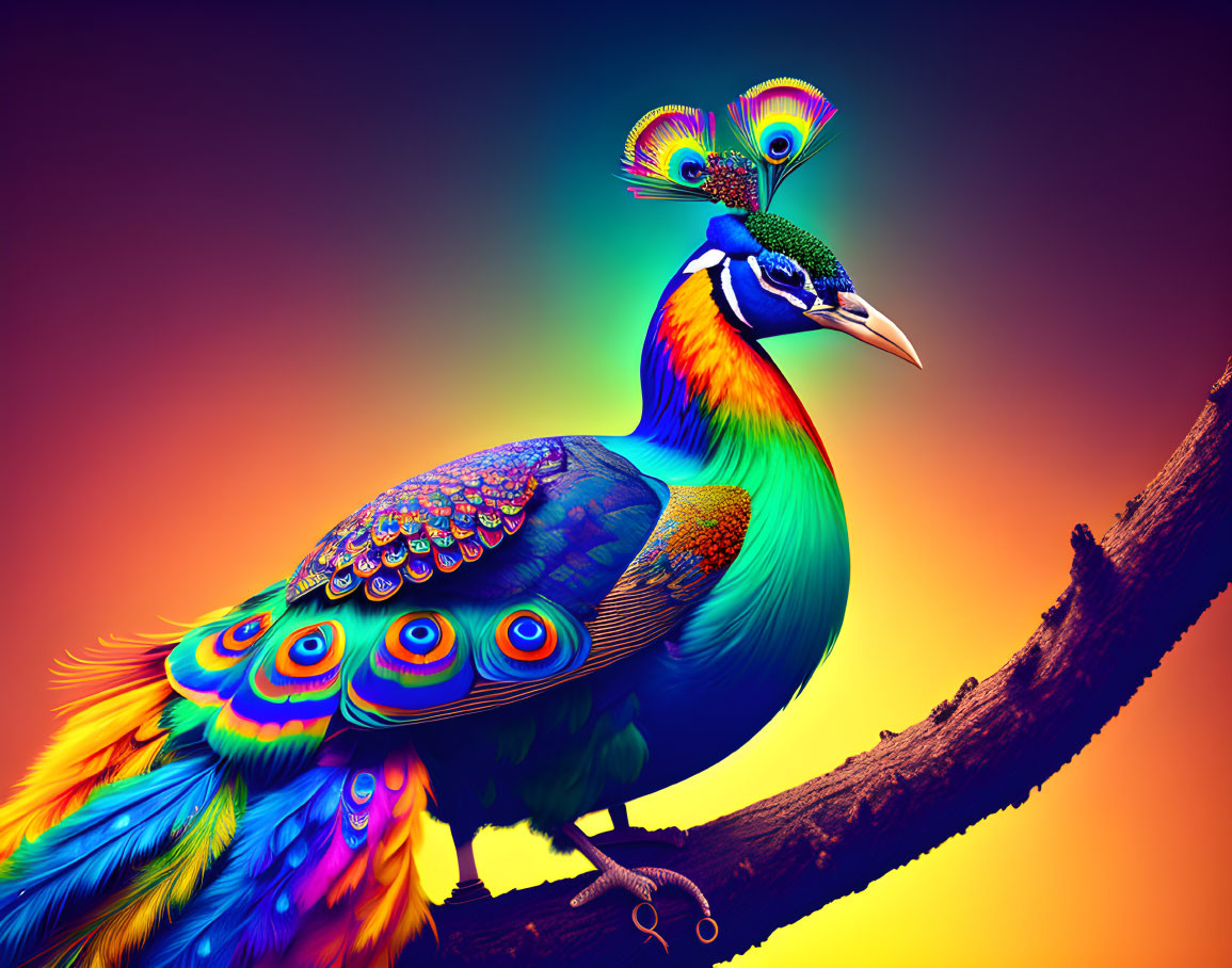 Colorful Peacock with Electric Blue and Green Plumage on Orange Background