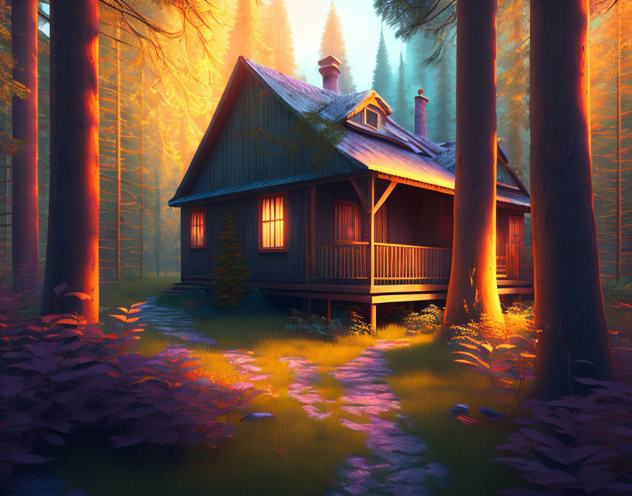 Mystical forest cabin with sunbeams and golden light