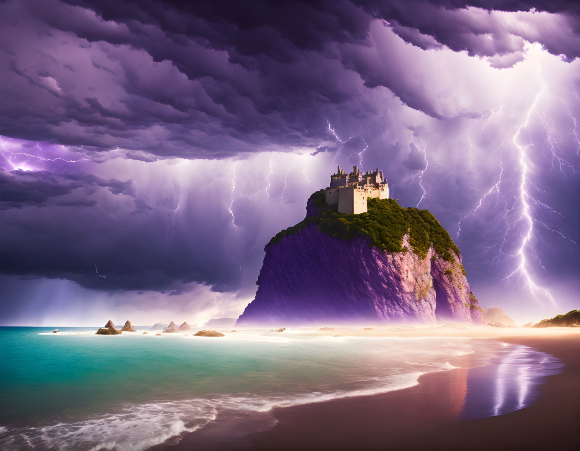 Castle on Cliff under Purple Lightning Sky & Turquoise Beach