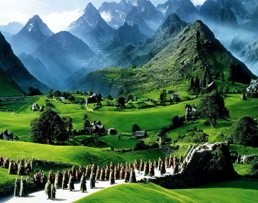 Fictional characters in cloaks gather in lush green valley