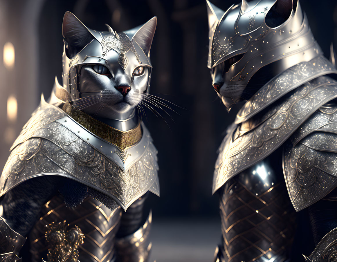 Realistic Armored Cats with Detailed Metalwork and Intricate Designs