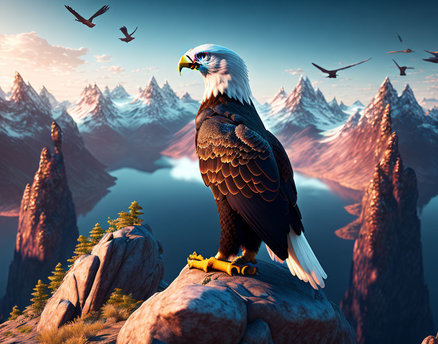 Majestic eagle perched on mountain rocks with serene lake and birds in golden-hour sky