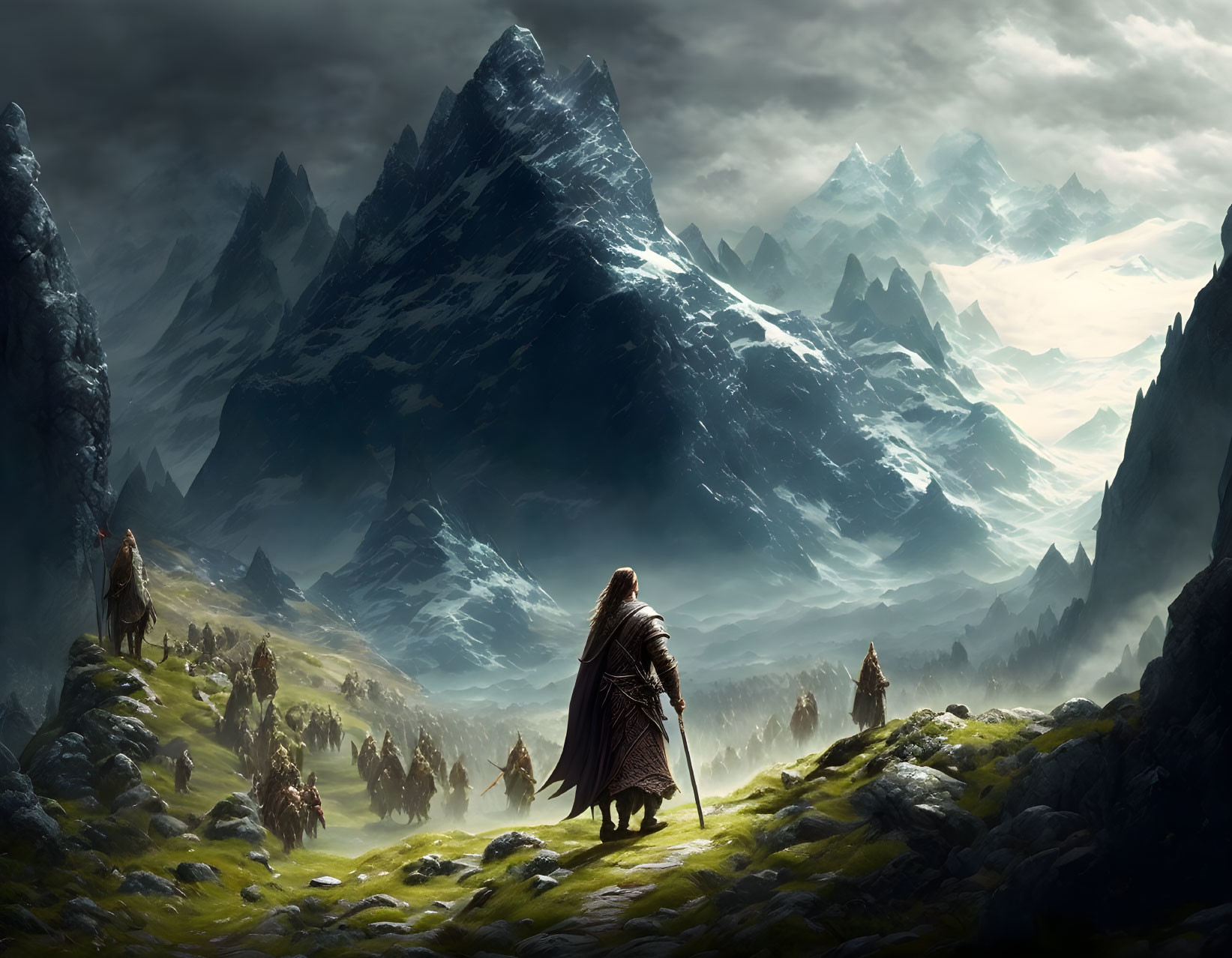 Cloaked figure in front of towering mountains with warriors and somber skies