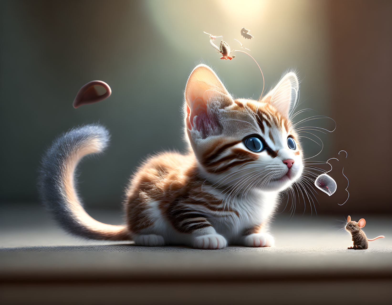 Striped kitten observing mouse with birds and floating hat in background