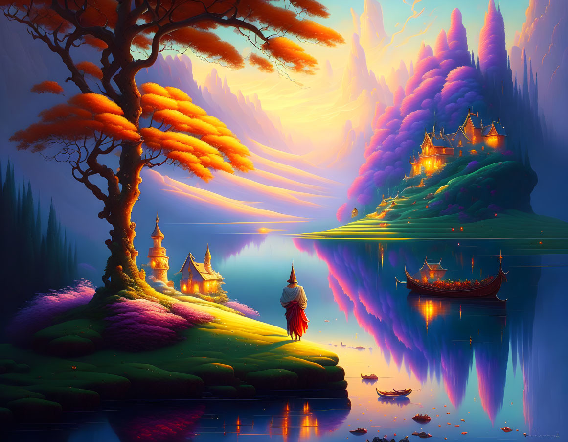 Colorful fantasy landscape with castle, trees, lake, and cloaked figure