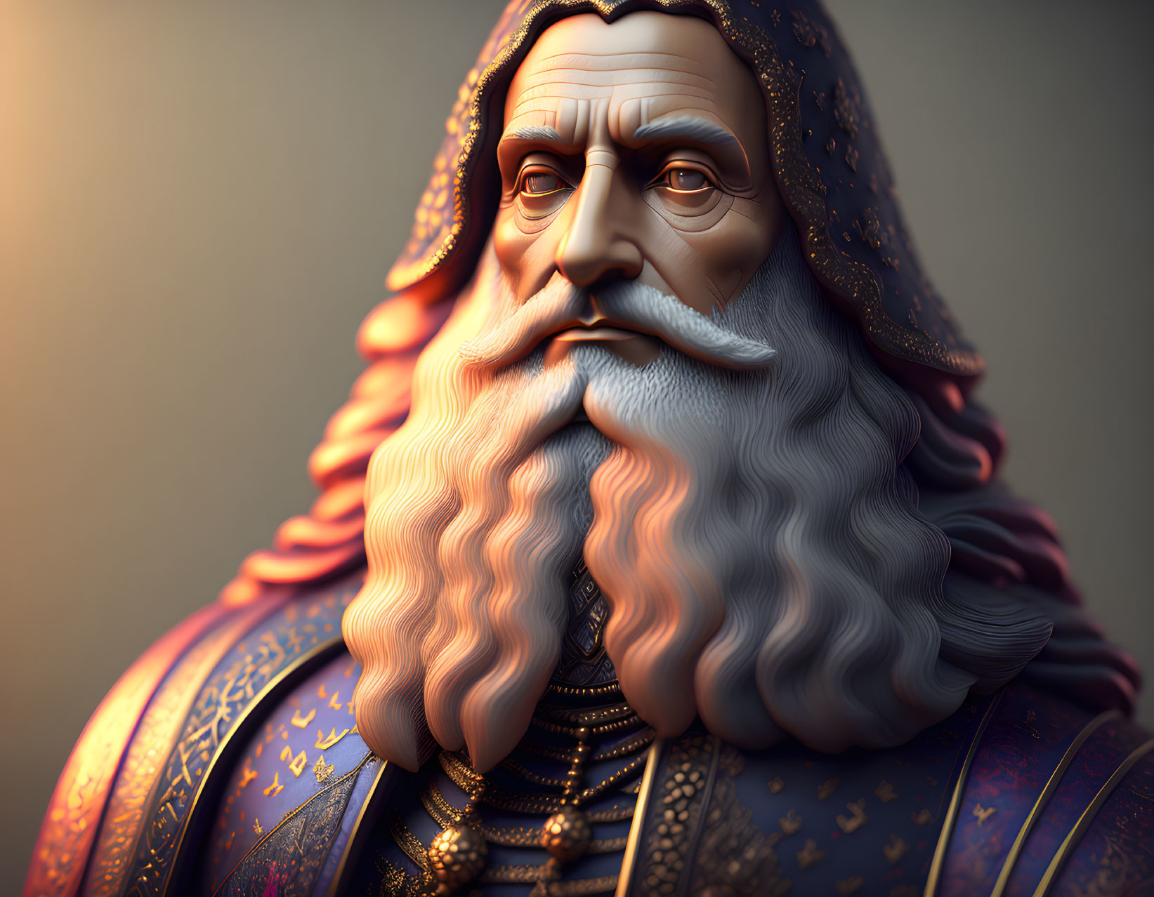 Detailed 3D illustration: Elderly man in medieval armor & regal blue cloak