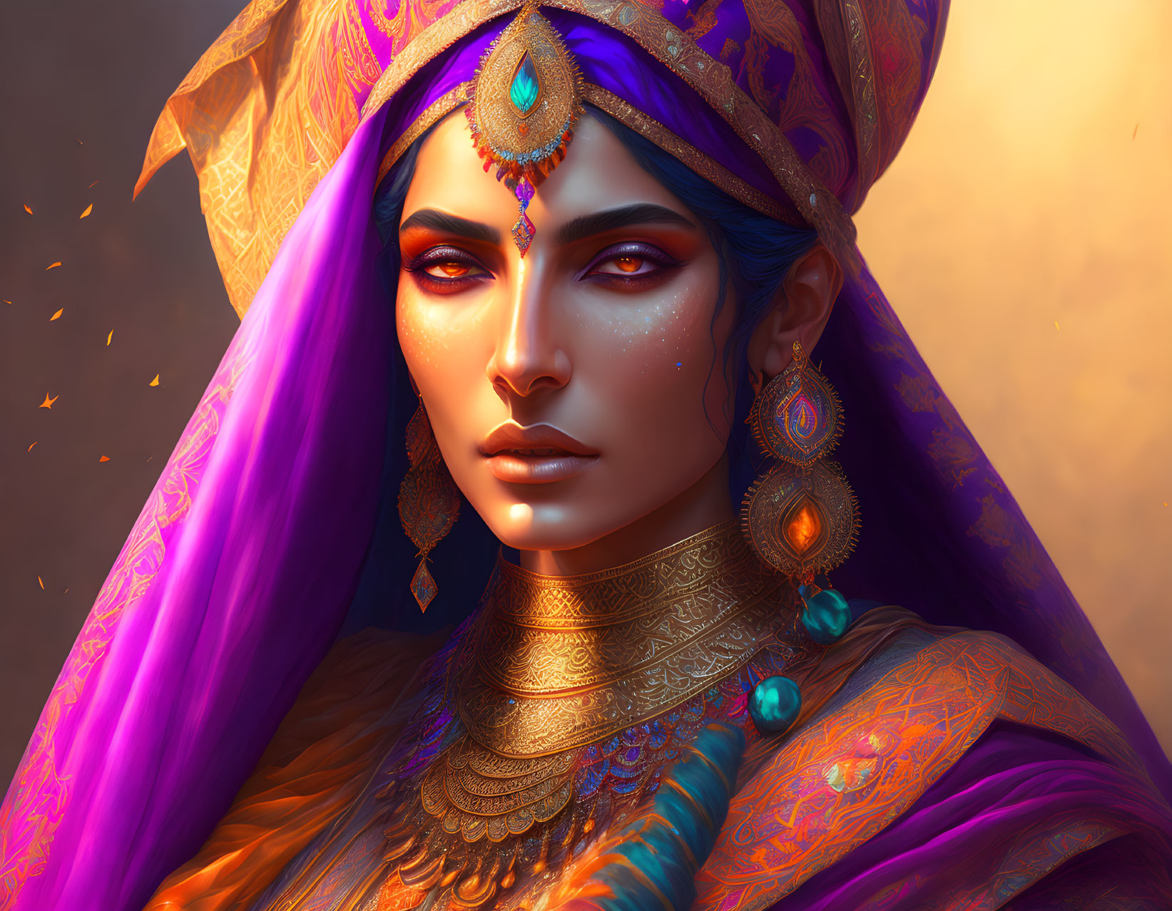 Illustrated woman in royal Indian attire with vibrant blue eyes on golden background