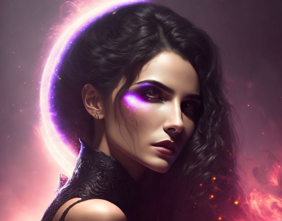 Digital portrait of woman with purple eyes in cosmic backdrop