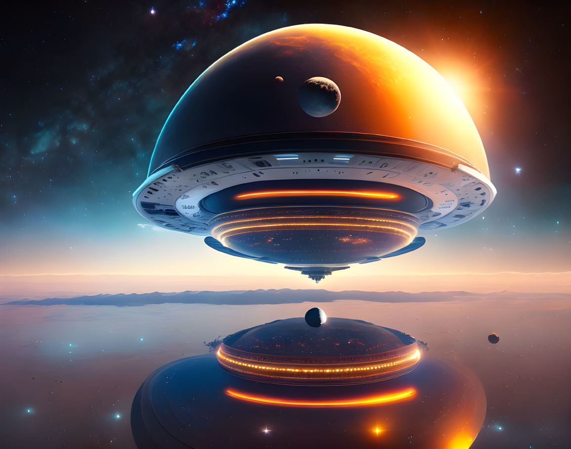 Futuristic spaceship above planet with sunset, smaller ships, and celestial bodies