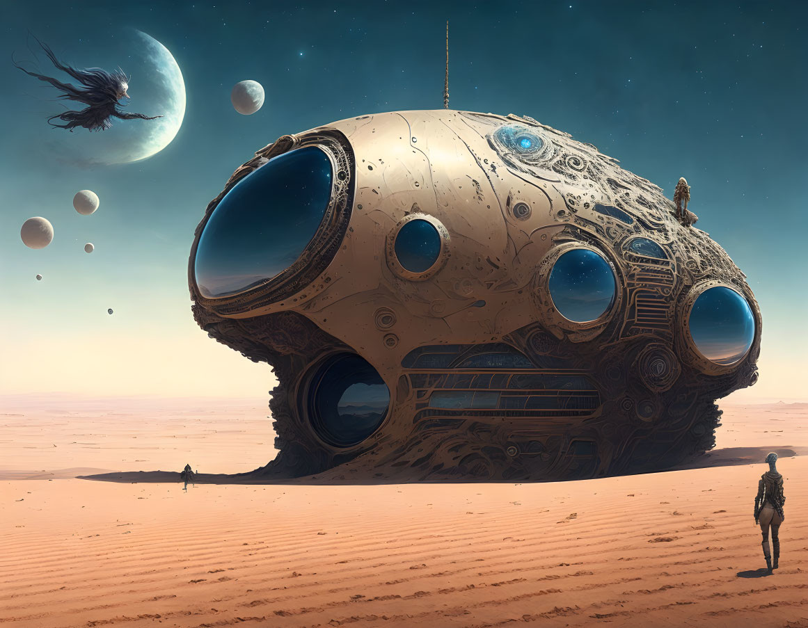 Solitary figure near stranded spaceship on desert alien planet